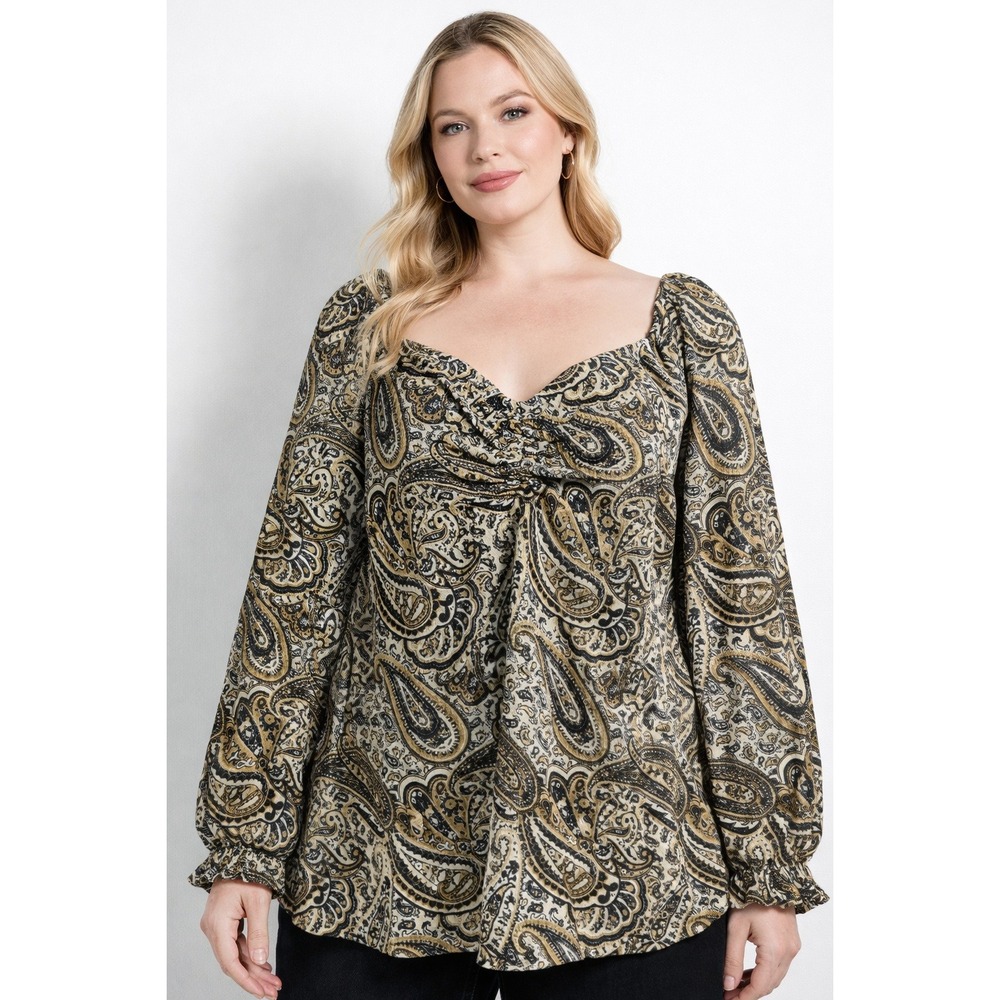 Michael Kors Blouse Womens 2X Beige‎ Black Paisley Sweetheart Peasant Tunic Top